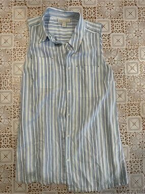 Dana Buchman Linen Blend Sleeveless Striped Button Up Blouse Small